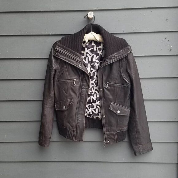 DKNY Brown Leather Bomber Jacket size Small - Picture 6 of 11